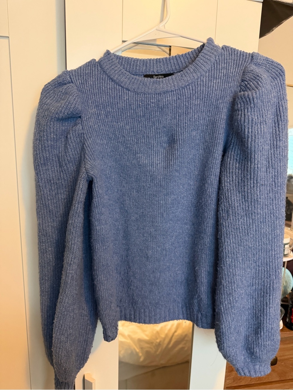 Bershka Dusty Blue Puff-Sleeve Crewneck Sweater